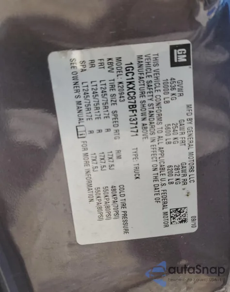 2011 Chevrolet Silverado K2500 Heavy Duty Lt z USA, uszkodzony, nr VIN 1GC1KXC87BF137171